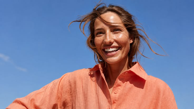 A smiling woman outdoors under a clear blue sky